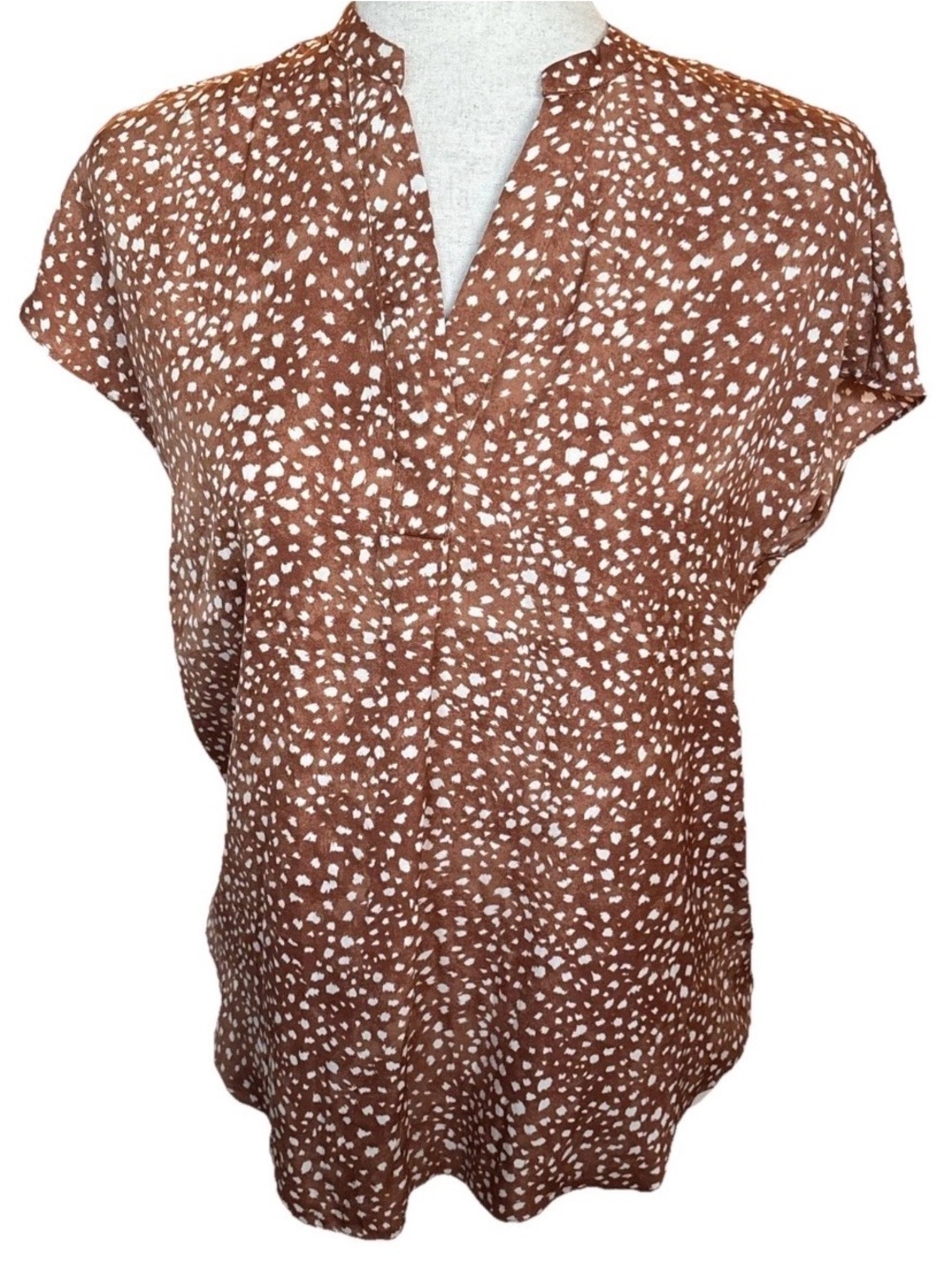 Maison d'Amelie PARIS terracotta Deer Print Spotted V-Neck Blouse Cap Sleeves XS